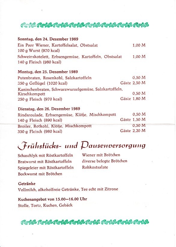 Speisekarte Weihnachten 1989, VEB Kraftwerk Elbe, BT Lippendorf