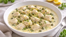 Cremiges Fischfrikassee mit Kapern und Zitronensoße in einem weißen tiefen Teller auf hellem Holztisch