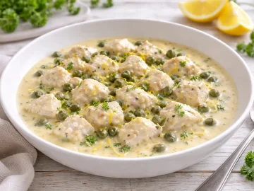 Cremiges Fischfrikassee mit Kapern und Zitronensoße in einem weißen tiefen Teller auf hellem Holztisch