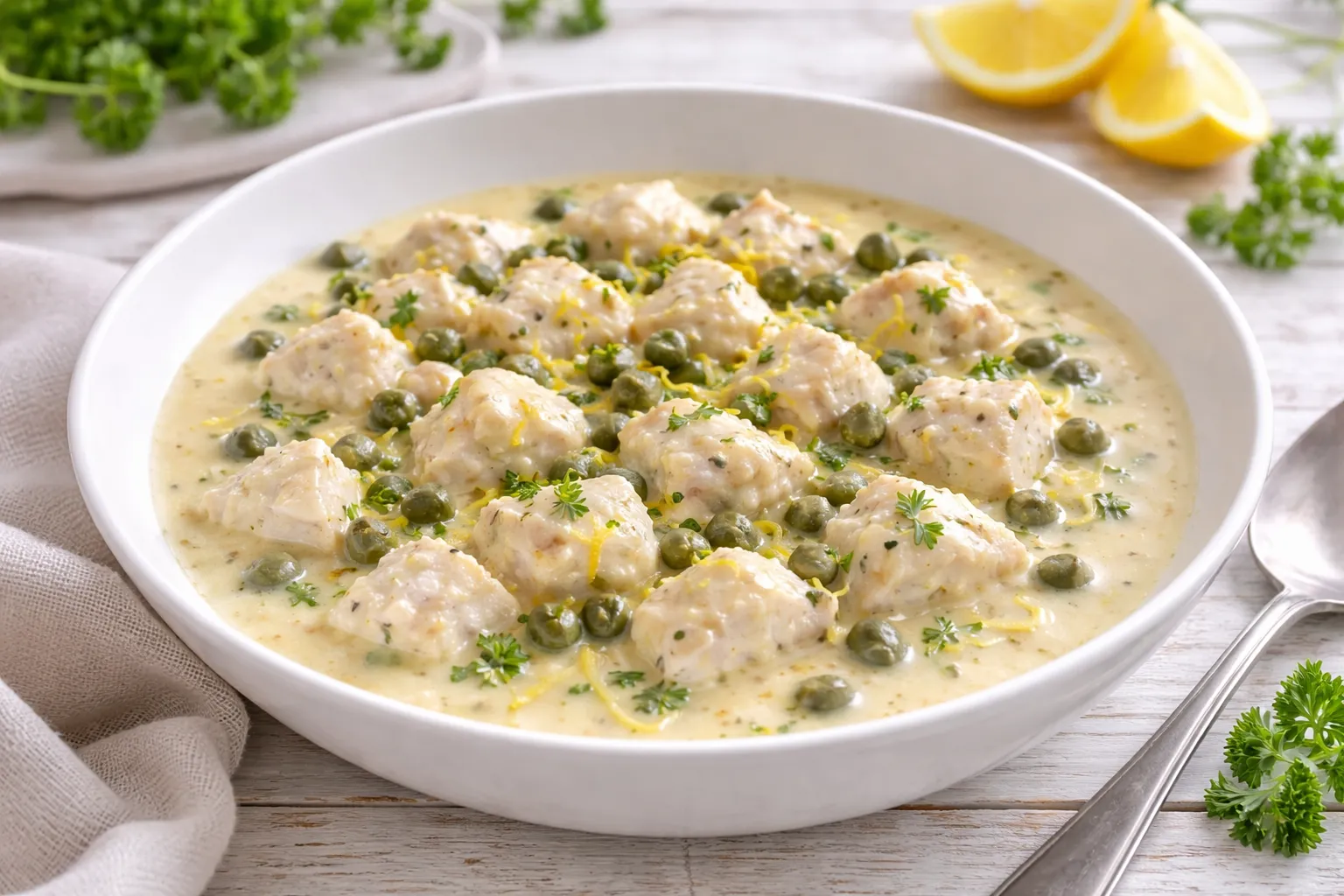 Cremiges Fischfrikassee mit Kapern und Zitronensoße in einem weißen tiefen Teller auf hellem Holztisch