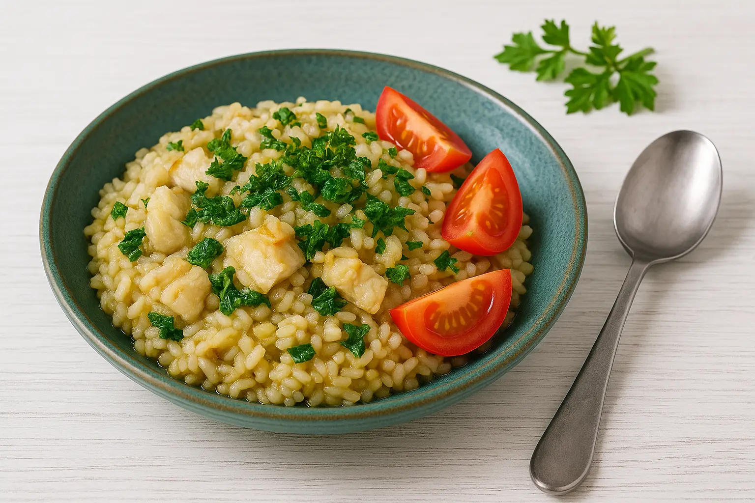 Fisch-Risotto mit Tomaten und Kräutern auf türkisgrünem Teller, dekoriert auf weißem Holztisch mit moderner Dekoration.