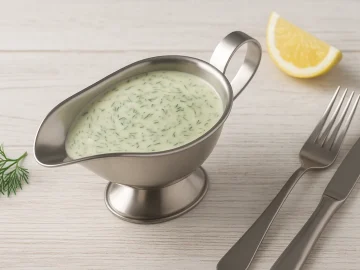 Cremige Dillsoße mit frischem Dill in einer Edelstahlsauciere auf weißem Holzhintergrund serviert