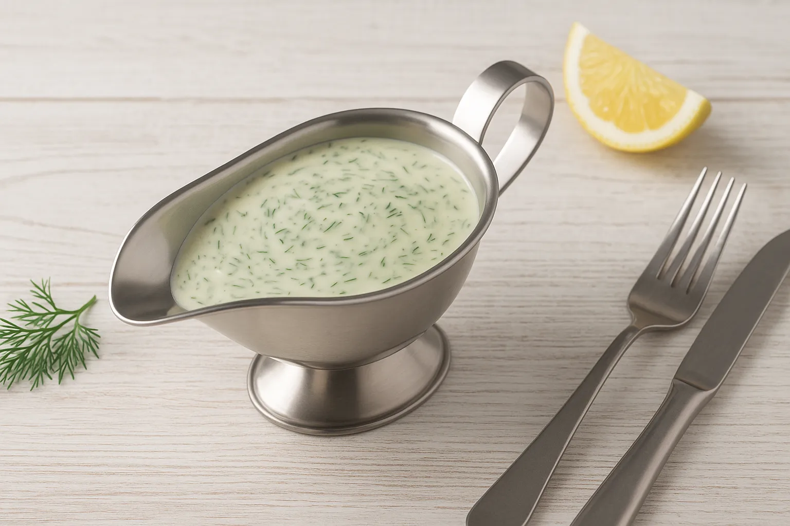 Cremige Dillsoße mit frischem Dill in einer Edelstahlsauciere auf weißem Holzhintergrund serviert