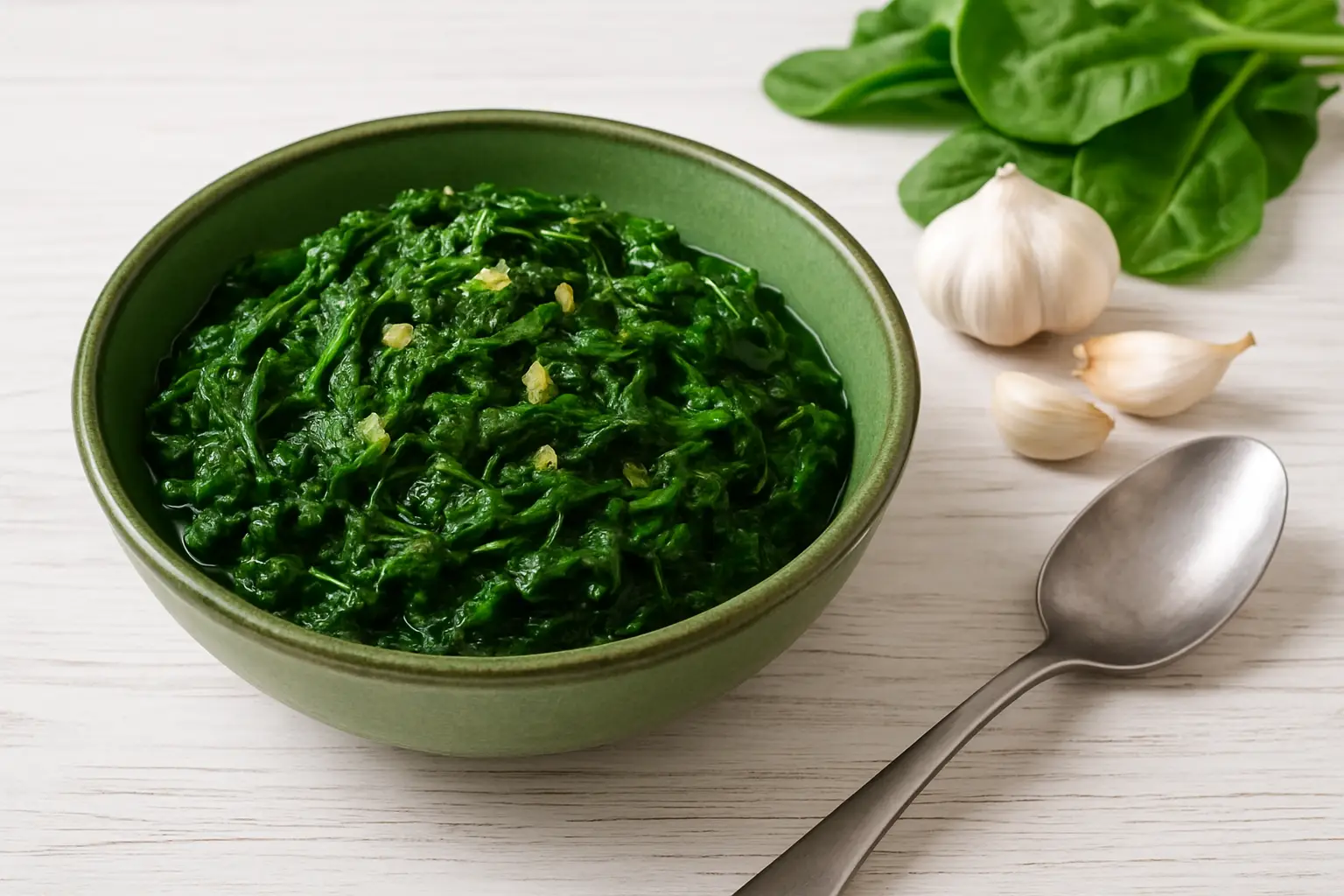 Gedünsteter Spinat in grüner Keramikschale auf weißem Holztisch, mit Zwiebeln und Knoblauch garniert.