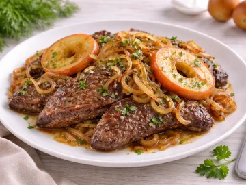 Gebratene Kalbsleber mit Apfelscheiben und Zwiebeln auf weißem Teller auf hellem Holztisch