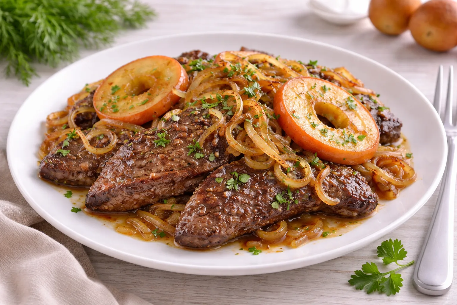 Gebratene Kalbsleber mit Apfelscheiben und Zwiebeln auf weißem Teller auf hellem Holztisch