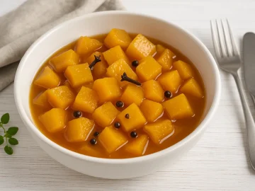 Weiße Schüssel mit süßsaurem Kürbis in Sirup, dekoriert mit Nelken und Pfefferkörnern auf weißem Holzhintergrund