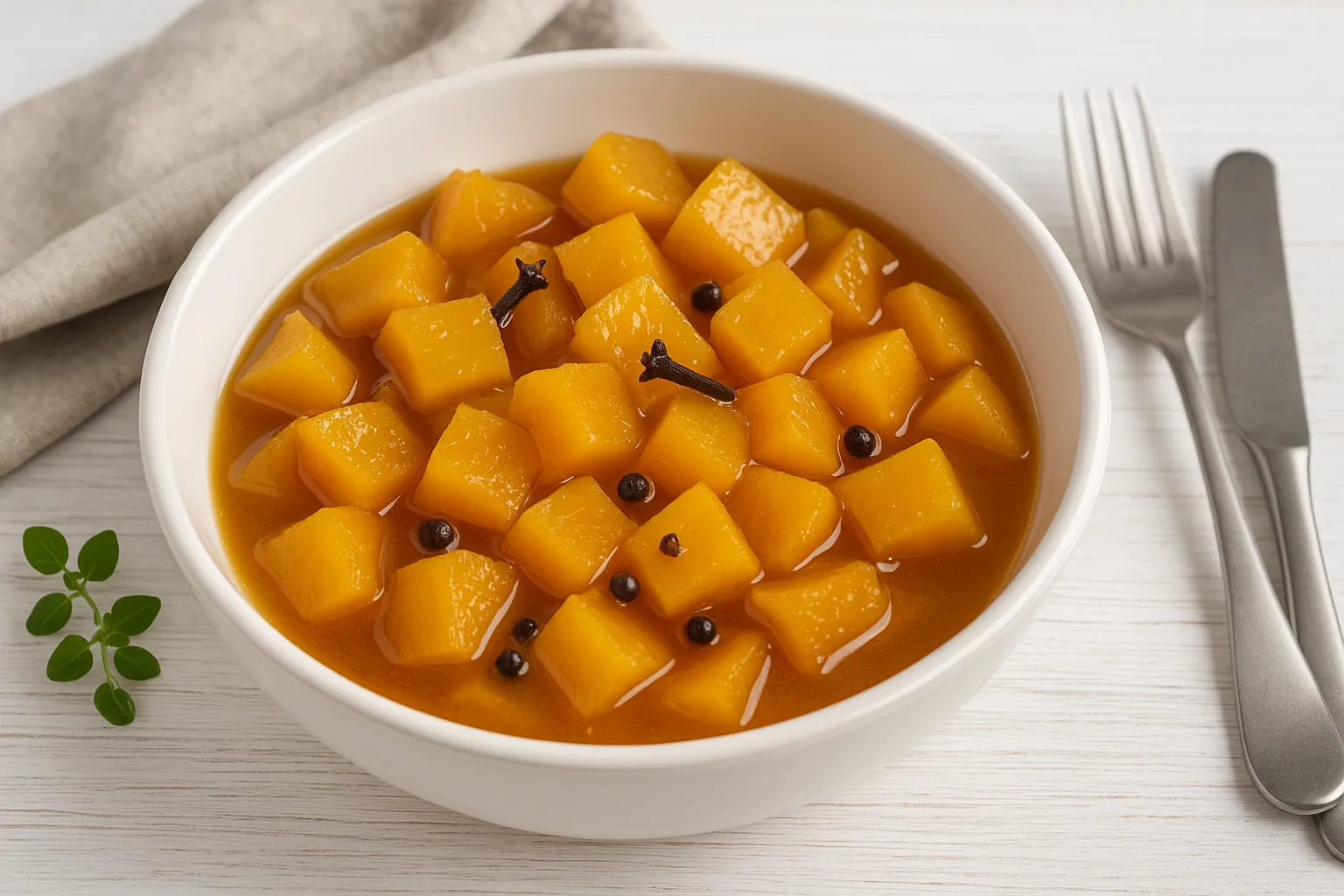 Weiße Schüssel mit süßsaurem Kürbis in Sirup, dekoriert mit Nelken und Pfefferkörnern auf weißem Holzhintergrund