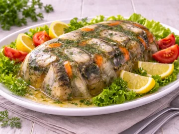 Aalstücke im klaren Gelee mit Dill auf weißer Platte, garniert mit Salat und Zitrone