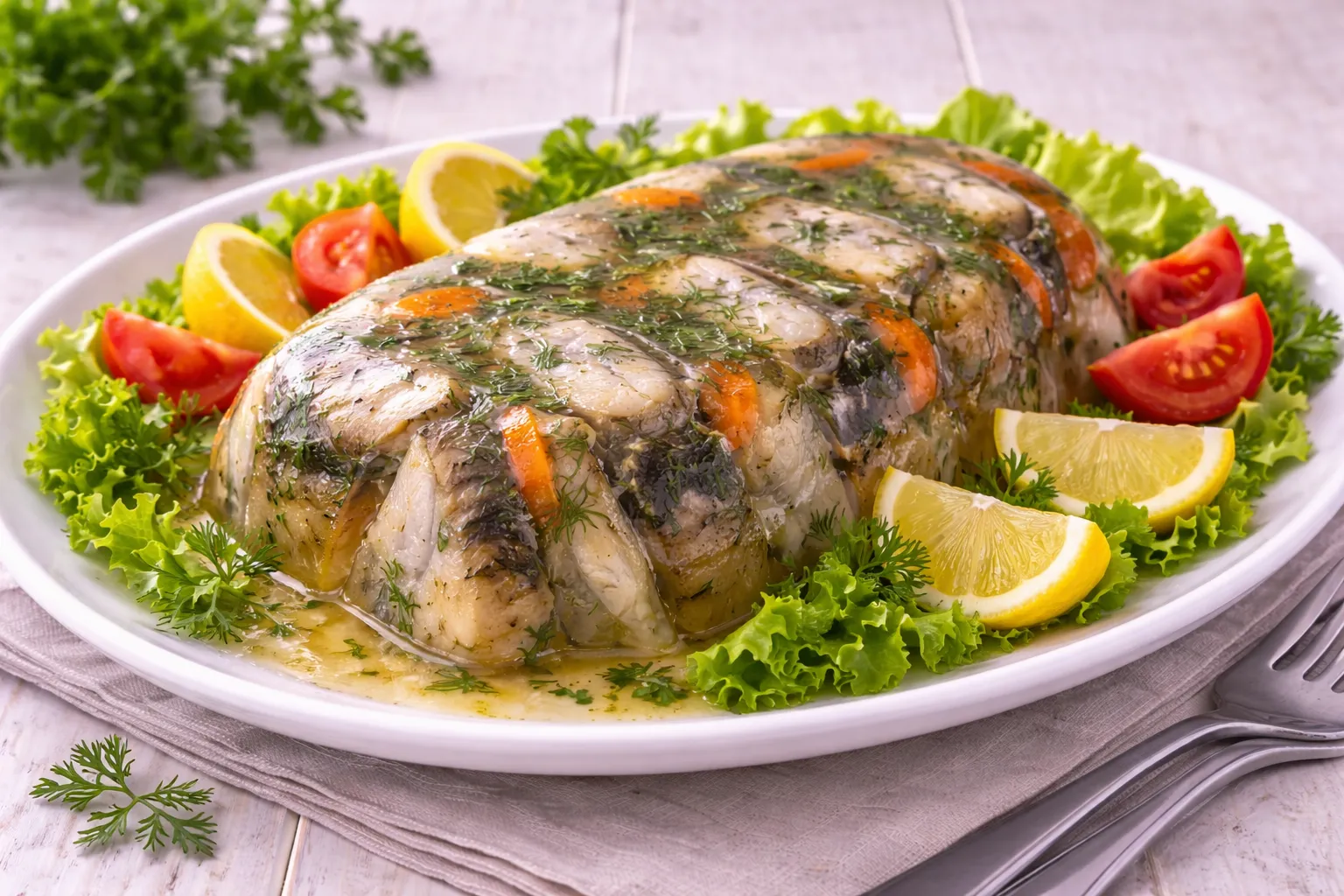 Aalstücke im klaren Gelee mit Dill auf weißer Platte, garniert mit Salat und Zitrone