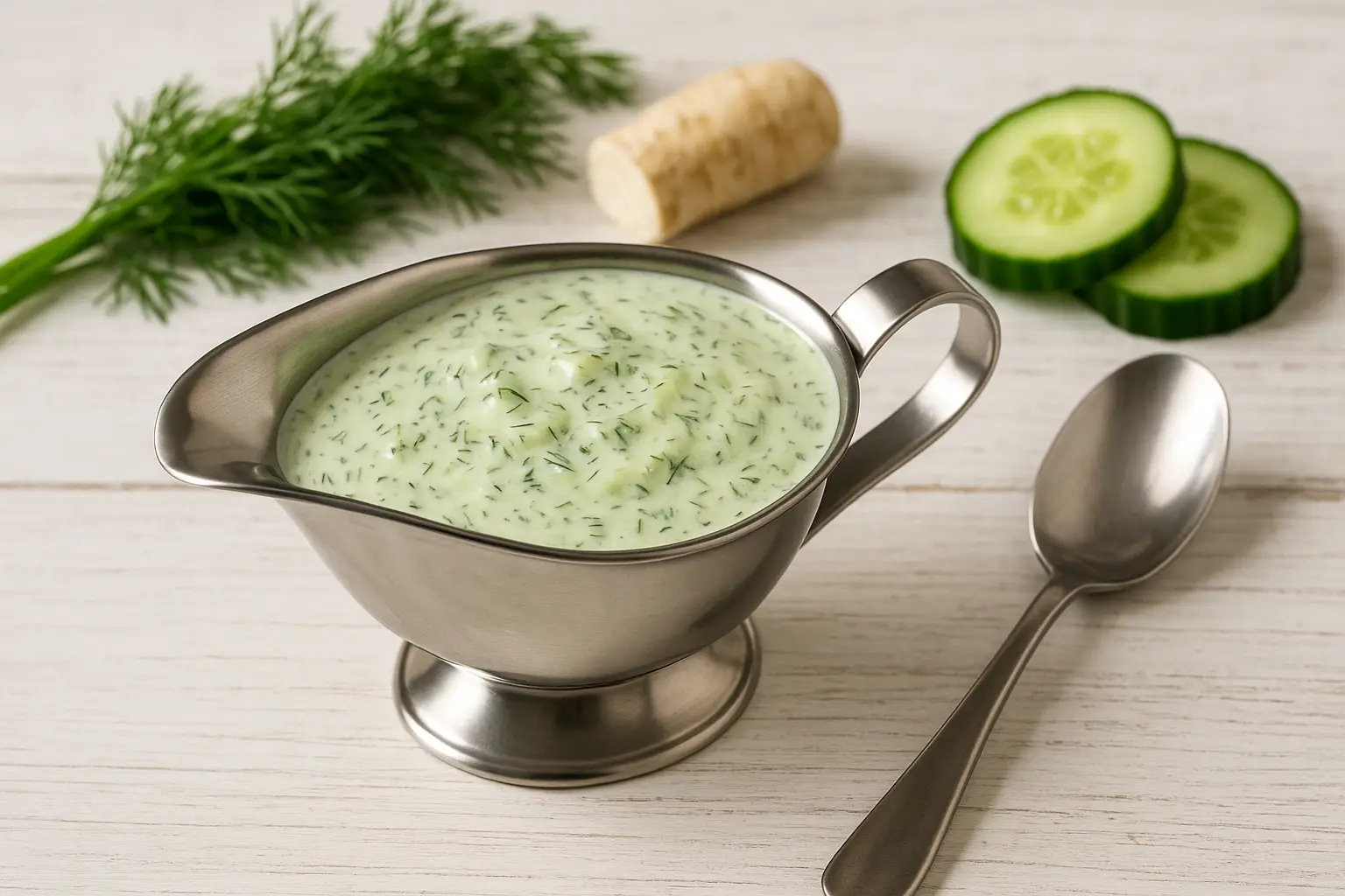 Gurkensoße in Edelstahl-Sauciere auf weißem Holztisch mit Dill, Gurke und Meerrettich als Dekoration.