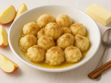 Apfelklöße mit Zimt und Zucker bestreut, serviert in weißer Schüssel mit Butter