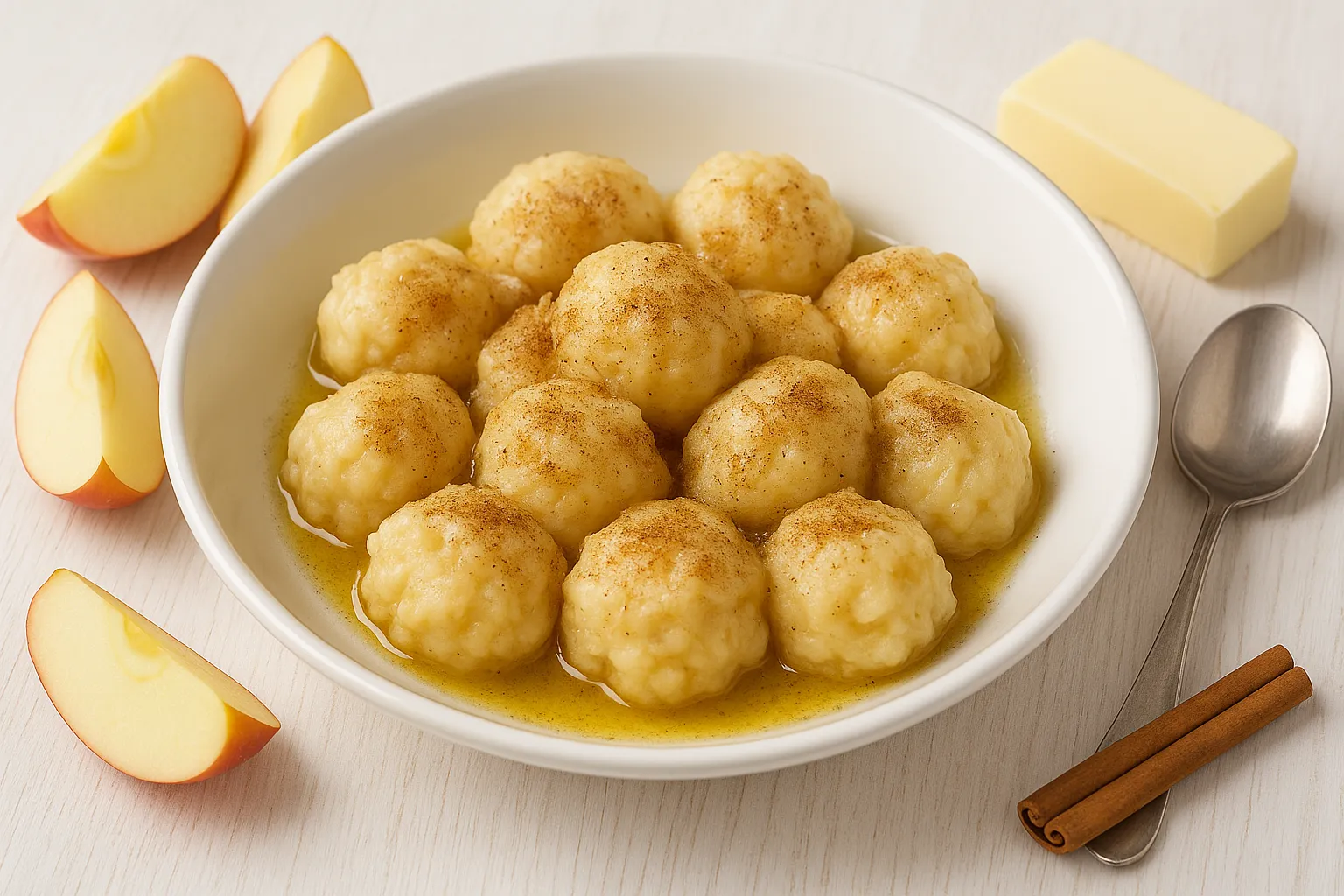 Apfelklöße mit Zimt und Zucker bestreut, serviert in weißer Schüssel mit Butter
