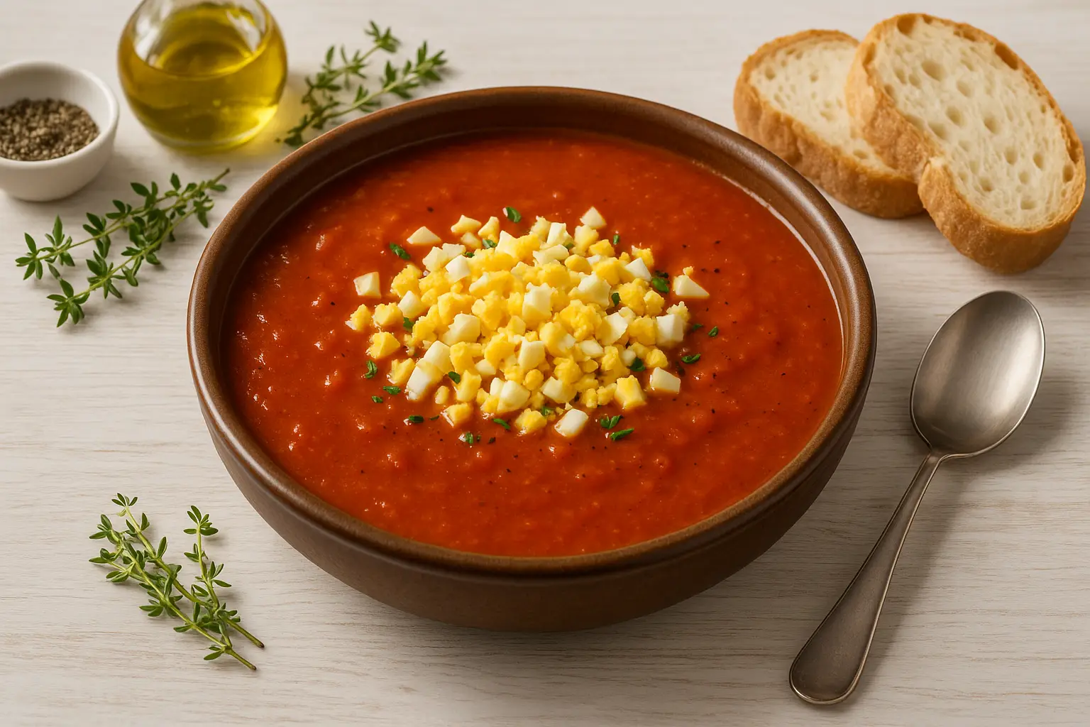  Berkaer Tomatensuppe mit gekochtem Ei, serviert in rustikaler Suppenschale, daneben Weißbrot und Kräuter auf hellem Holztisch.