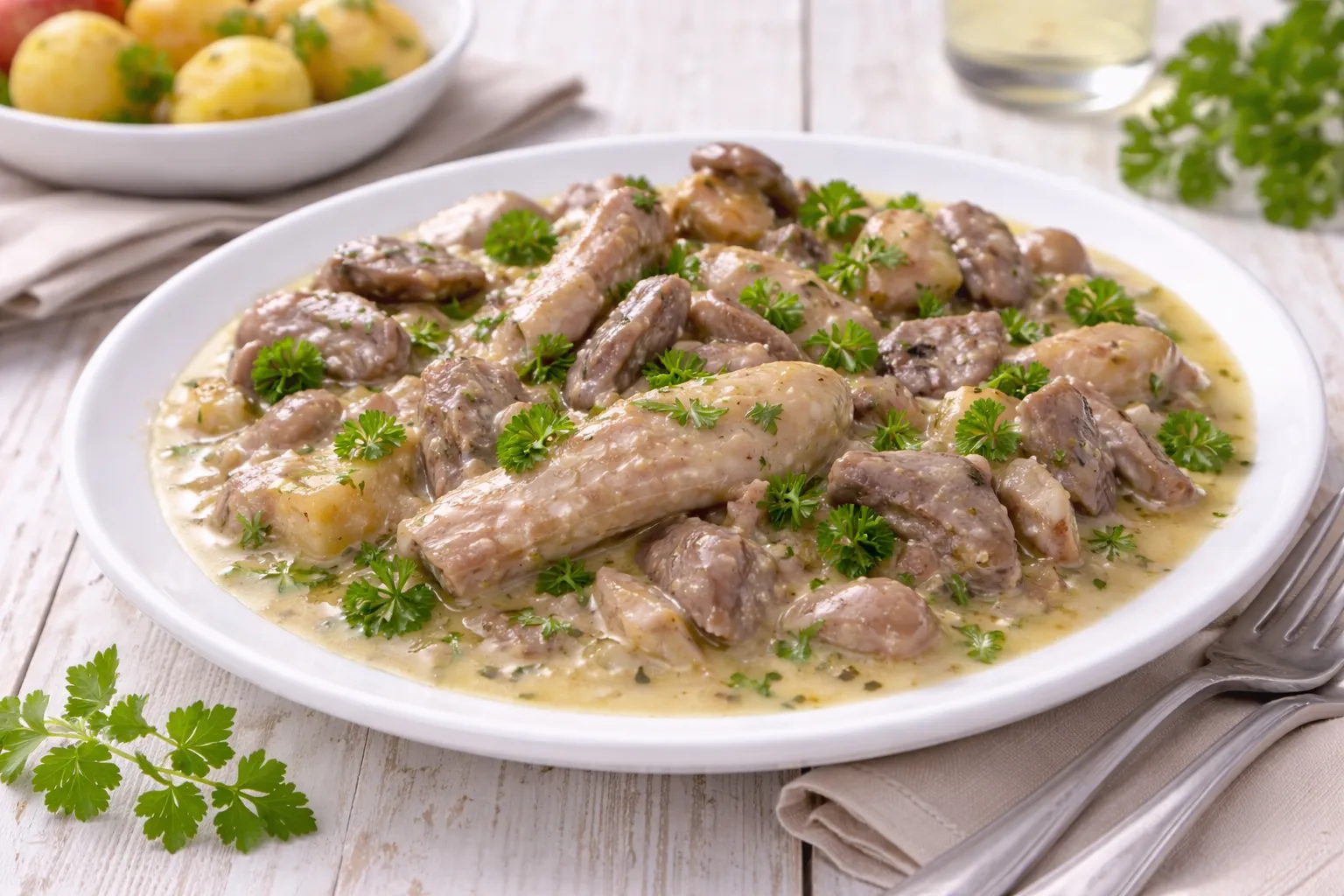 Weißer Teller mit Gänseklein in cremiger Sauce, Petersilie und Beilage auf weißem Holzhintergrund mit sichtbarer Maserung