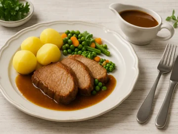 Geschmorter Schweinekamm in Scheiben mit Bratensoße, Salzkartoffeln und Gemüse auf weißem Teller