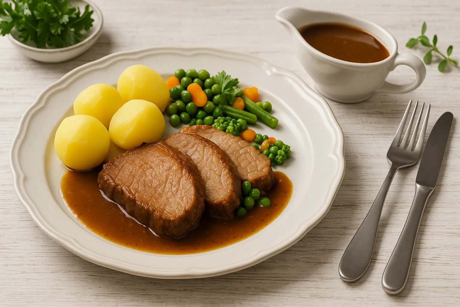 Geschmorter Schweinekamm in Scheiben mit Bratensoße, Salzkartoffeln und Gemüse auf weißem Teller