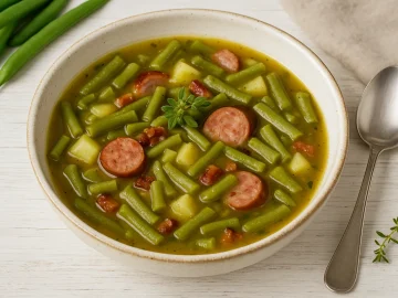 Grüne-Bohnen-Suppe mit Kartoffeln, Speck und Knoblauchwurst in einer Suppenschüssel auf Holzhintergrund