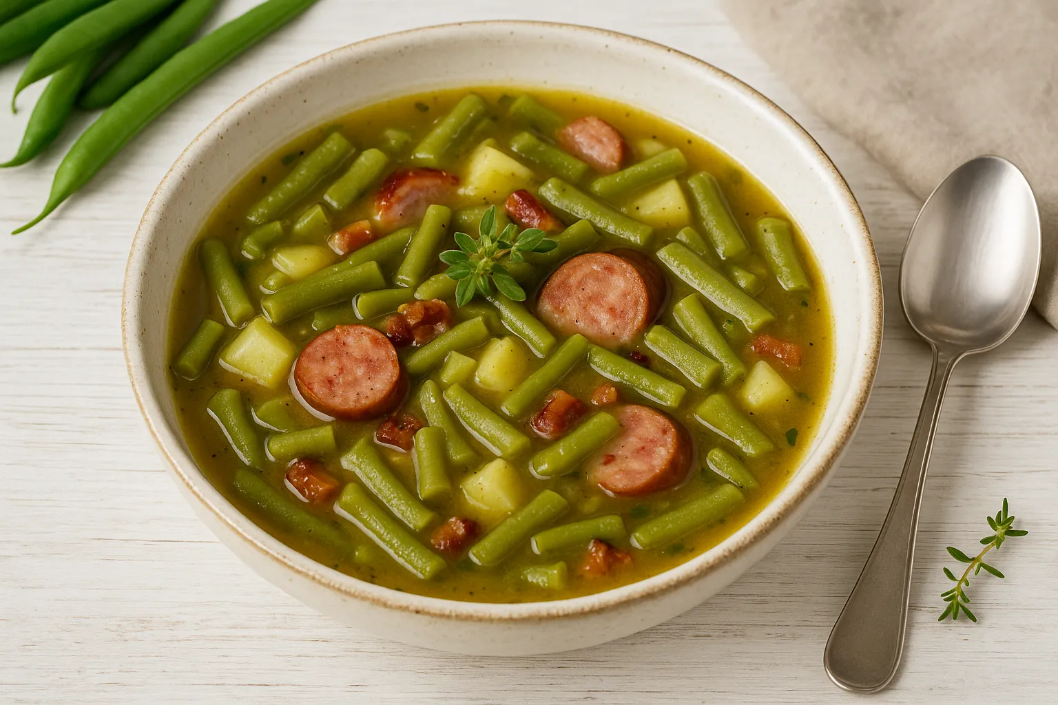 Grüne-Bohnen-Suppe mit Kartoffeln, Speck und Knoblauchwurst in einer Suppenschüssel auf Holzhintergrund