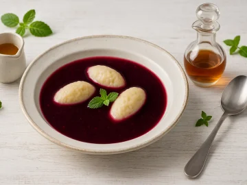 Holundersuppe mit Grießklößchen in weißem tiefem Teller auf Holzhintergrund