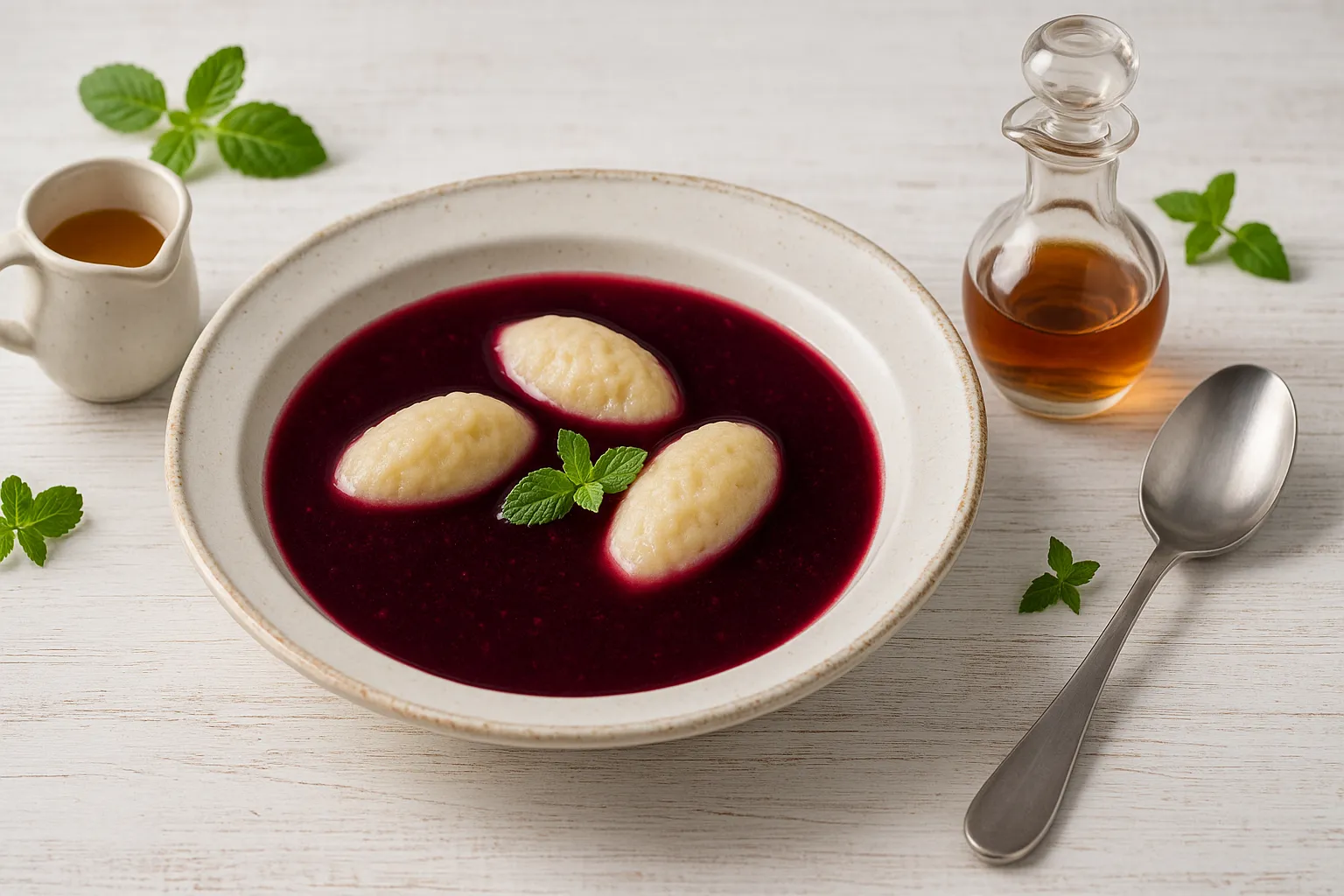 Holundersuppe mit Grießklößchen in weißem tiefem Teller auf Holzhintergrund