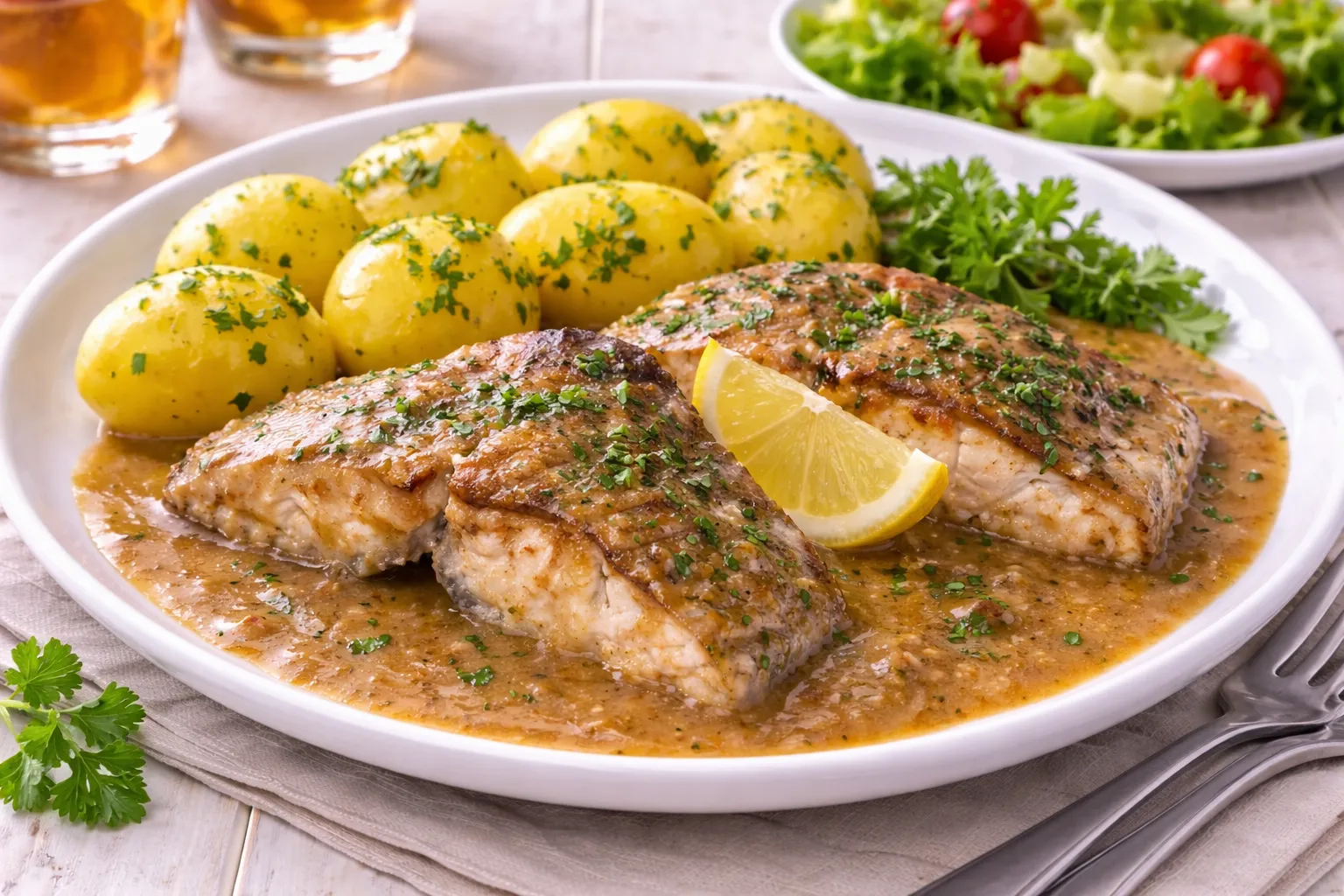 Karpfenportionen in sämiger Biersoße mit Lebkuchen auf weißem Teller mit Salzkartoffeln