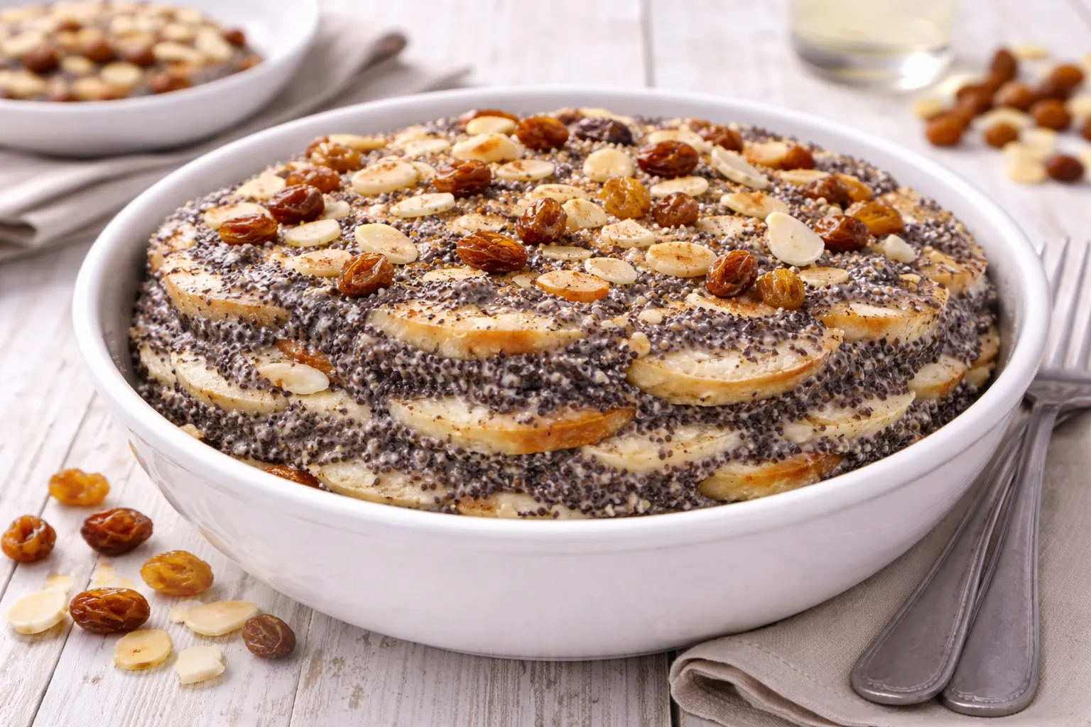 Weiße Schale mit Mohnpielen, geschichteten Semmelstücken und Mohnbrei, dekoriert mit Rosinen und Mandeln auf weißem Holzhintergrund