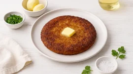 Rauchemad aus geriebenen Kartoffeln mit knuspriger Kruste auf weißem Holz angerichtet