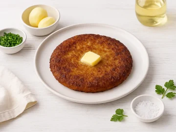 Rauchemad aus geriebenen Kartoffeln mit knuspriger Kruste auf weißem Holz angerichtet