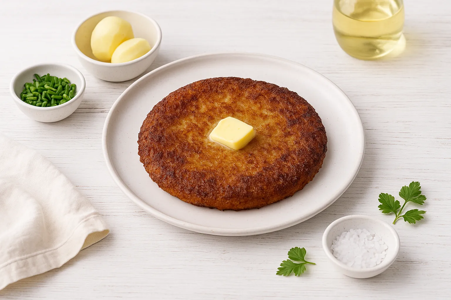 Rauchemad aus geriebenen Kartoffeln mit knuspriger Kruste auf weißem Holz angerichtet