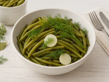 Schüssel mit sauren Pfefferbohnen, dekoriert mit Dill und Meerrettichscheiben auf weißem Holzhintergrund