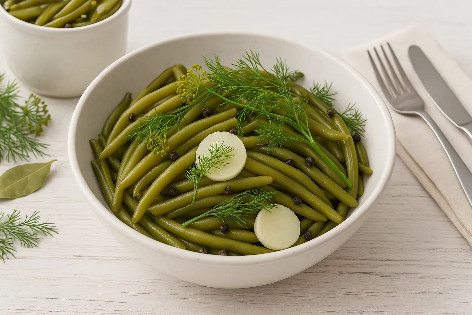 Schüssel mit sauren Pfefferbohnen, dekoriert mit Dill und Meerrettichscheiben auf weißem Holzhintergrund