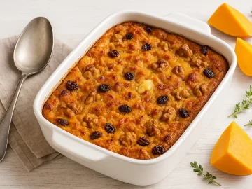 Süßer Kürbisauflauf mit Rosinen und Nüssen, frisch gebacken in Auflaufform, serviert mit goldbrauner Kruste