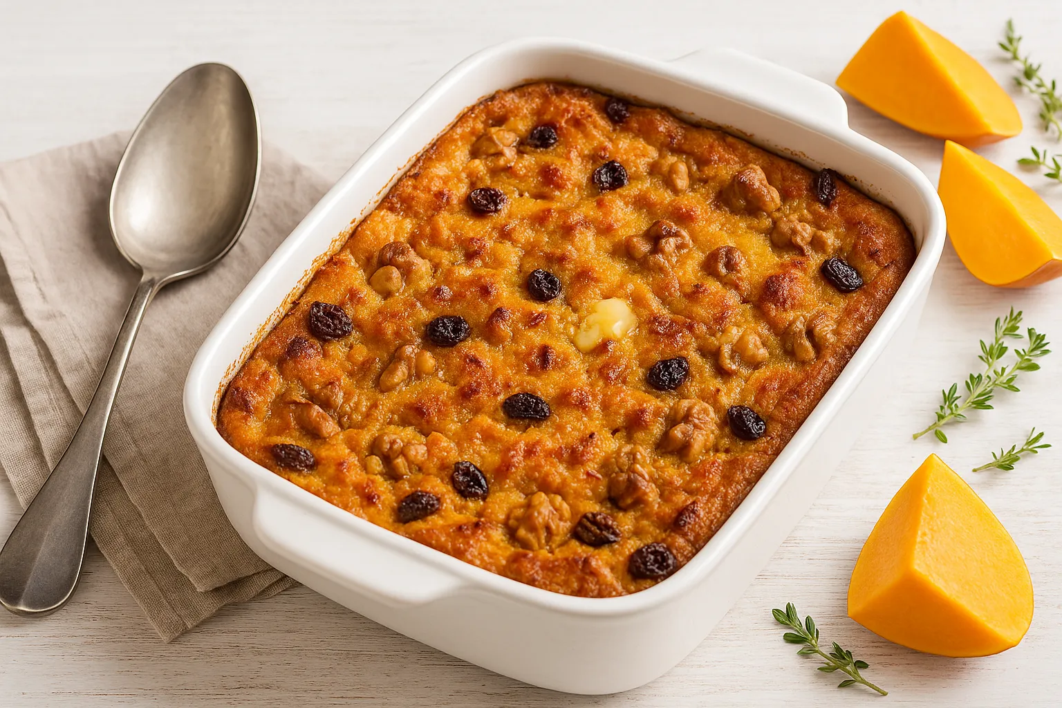 Süßer Kürbisauflauf mit Rosinen und Nüssen, frisch gebacken in Auflaufform, serviert mit goldbrauner Kruste