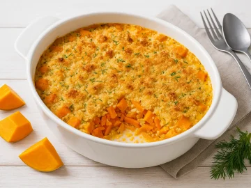 Überbackener Kürbisauflauf mit Dill und Semmelbröseln in einer Auflaufform, frisch gebacken auf Holzhintergrund