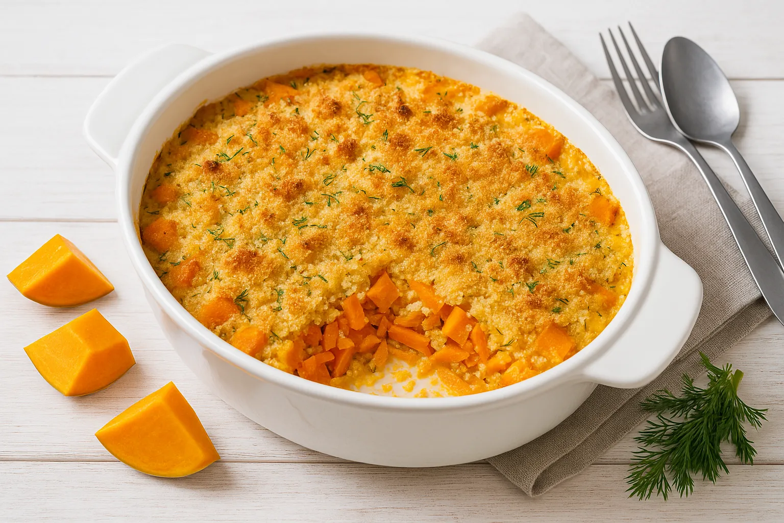 Überbackener Kürbisauflauf mit Dill und Semmelbröseln in einer Auflaufform, frisch gebacken auf Holzhintergrund