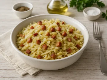 Warmer Krautsalat mit Speck in weißer Schüssel auf hellem Holz mit deutlicher Maserung