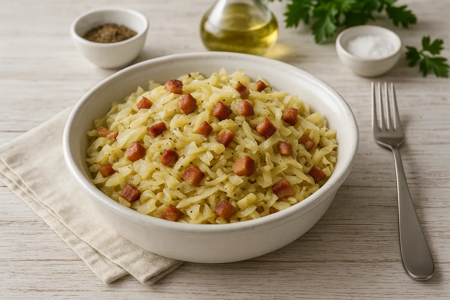 Warmer Krautsalat mit Speck in weißer Schüssel auf hellem Holz mit deutlicher Maserung