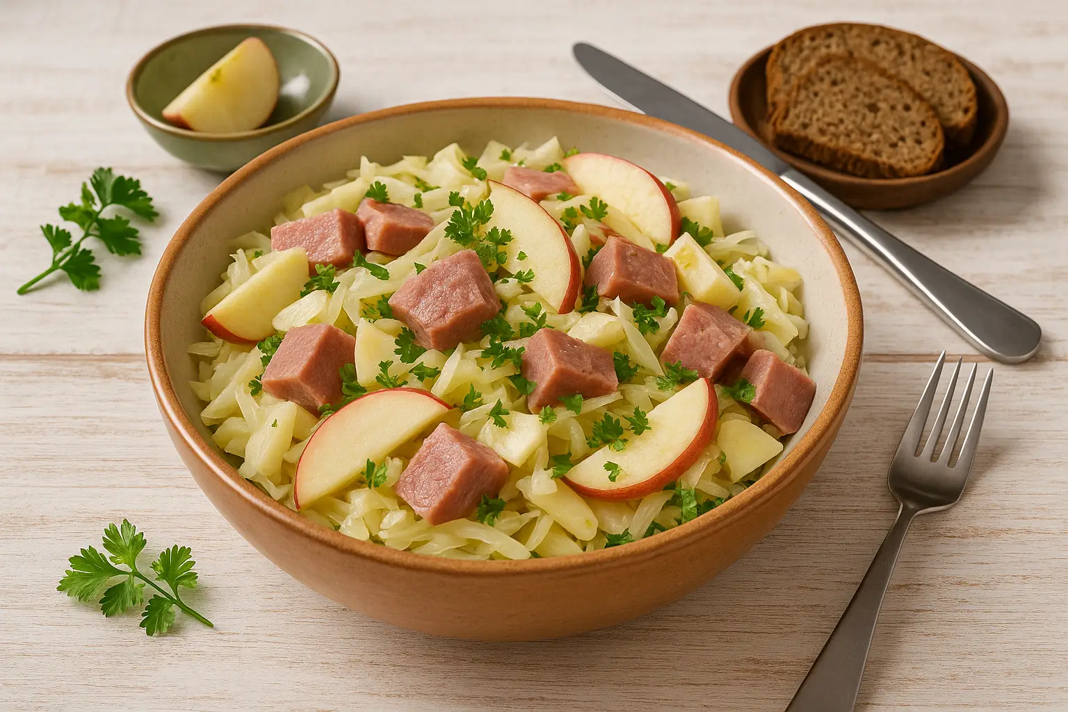  Wernesgrüner Brauerimbiß: Salat mit Rauchfleisch, Äpfeln, Sellerie, Weißkohl und Petersilie, angerichtet in rustikaler Schüssel mit Schwarzbrot.