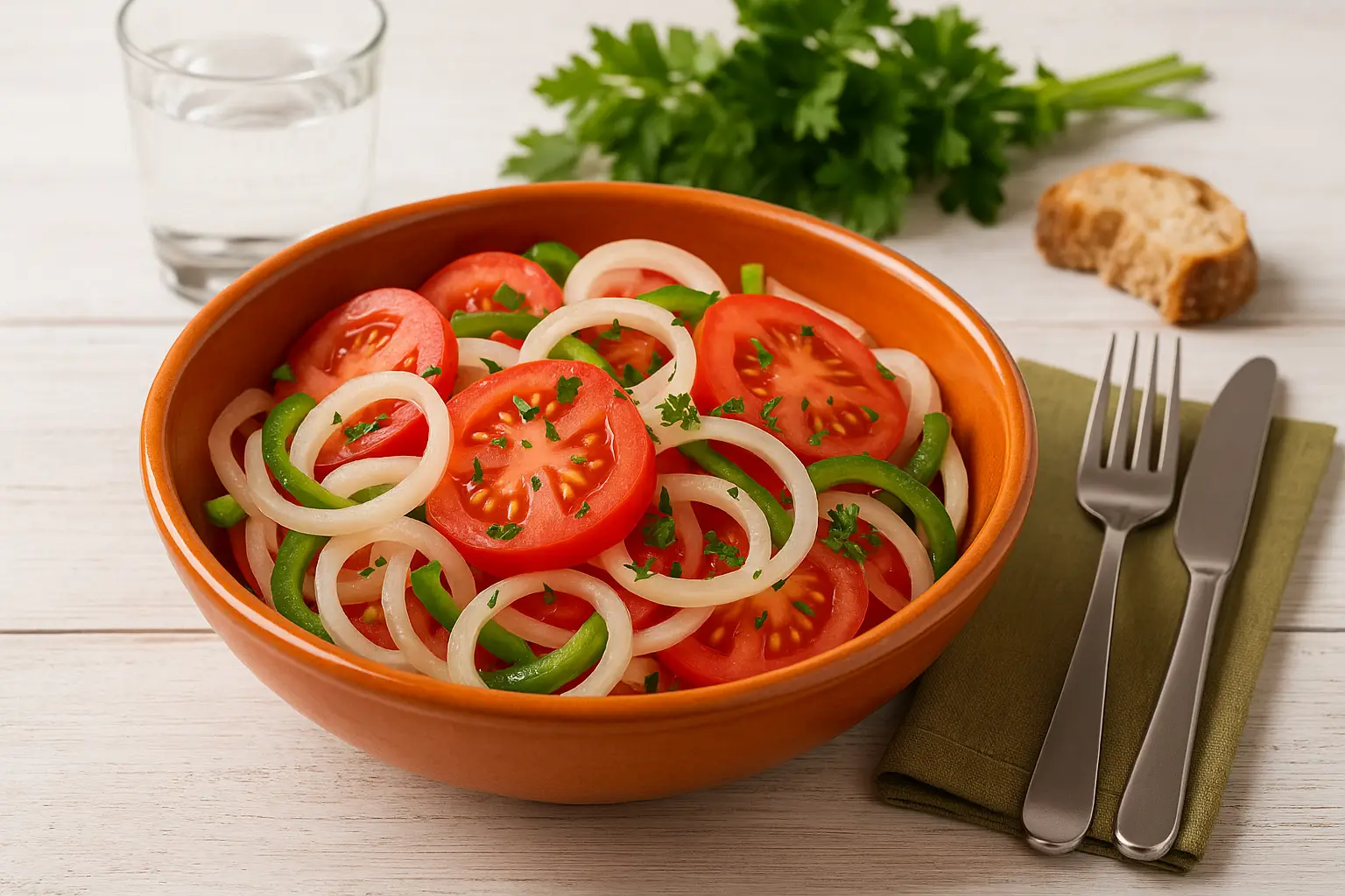 Zwiebel-Tomaten-Salat in orangefarbener Schüssel, serviert auf weißem Holztisch mit moderner Dekoration und silbernem Besteck.