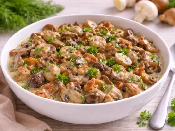 Pilzgemüse mit Speck, Zwiebeln und Petersilie in cremiger Soße in weißer Schüssel auf hellem Holztisch