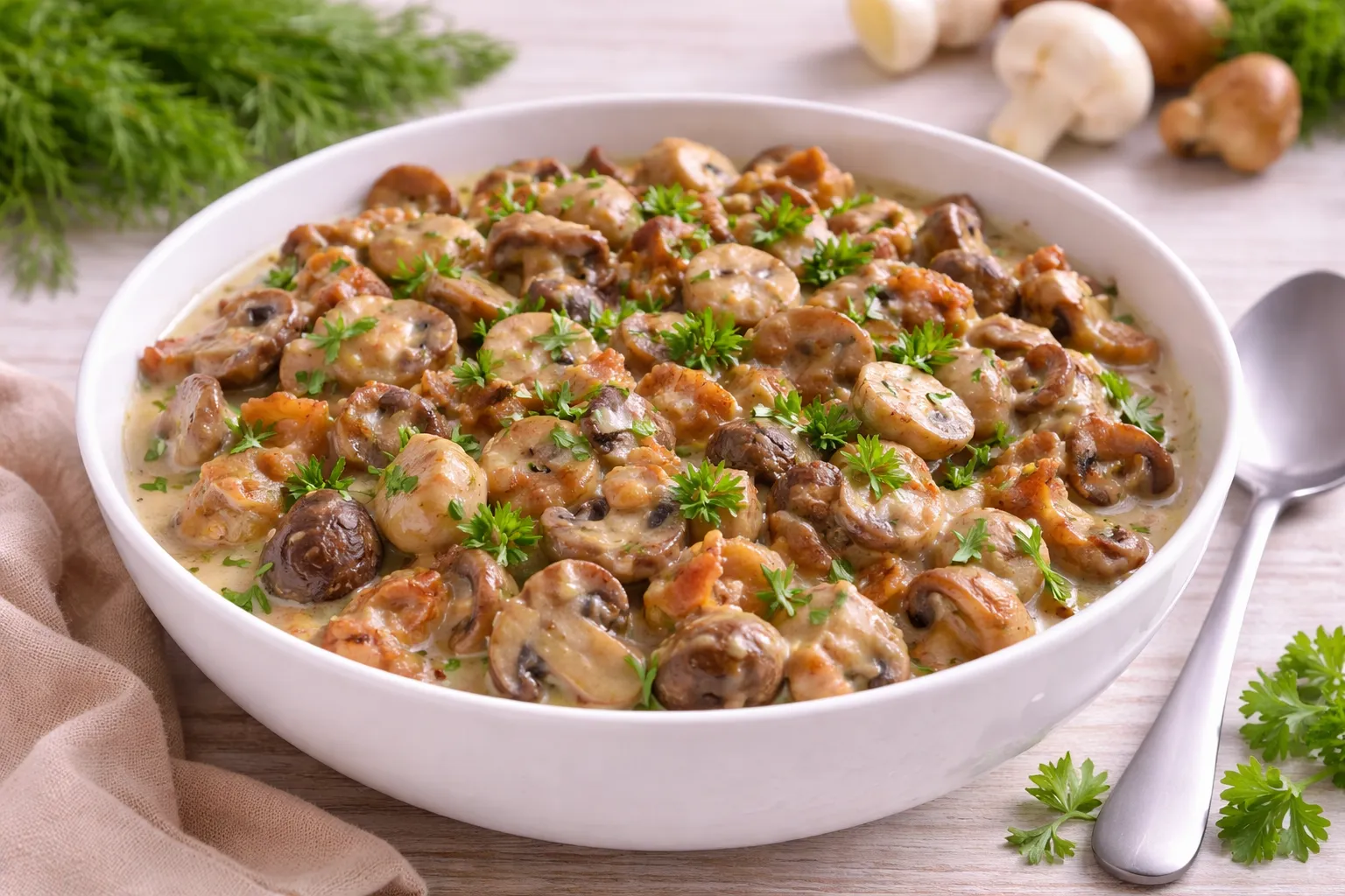 Pilzgemüse mit Speck, Zwiebeln und Petersilie in cremiger Soße in weißer Schüssel auf hellem Holztisch