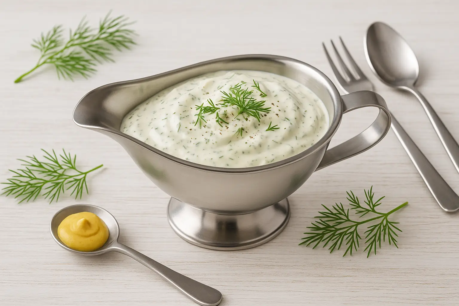  Cremiger Dillrahm mit frischem Dill und Senf, serviert in einer Edelstahlsauciere auf weißem Holztisch, dekoriert mit Dillzweigen.