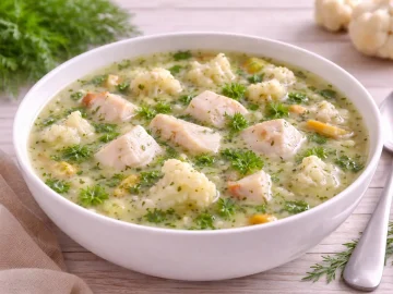 Fischsuppe mit Blumenkohlröschen und Dill in weißer Suppenschüssel auf hellem Holztisch