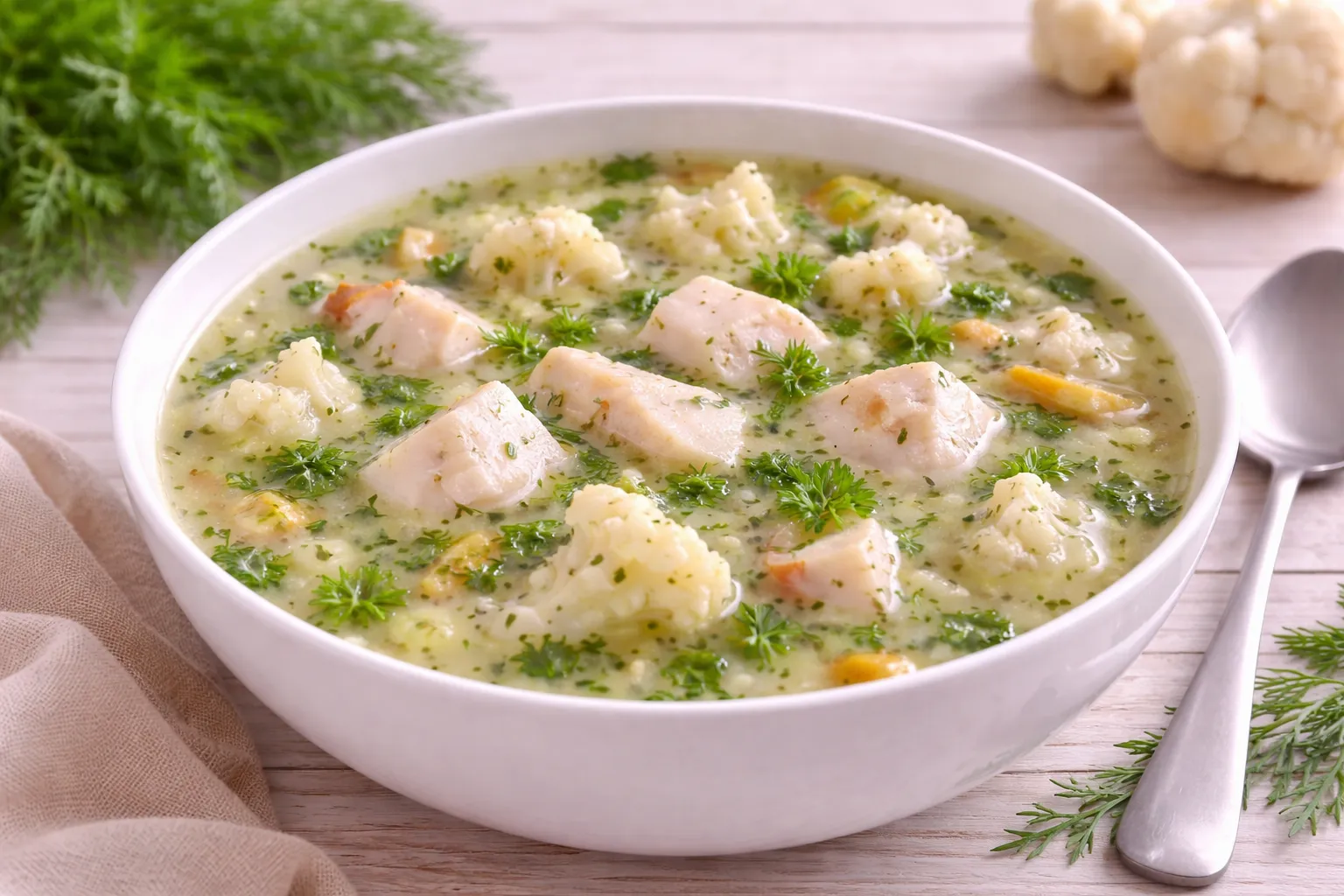 Fischsuppe mit Blumenkohlröschen und Dill in weißer Suppenschüssel auf hellem Holztisch