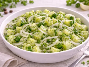 Gurkenwürfel und marinierte Zwiebeln mit Kräutern in weißer Schüssel auf hellem Holzhintergrund