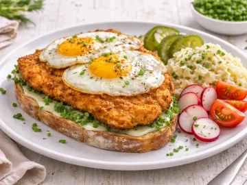 Belegtes Mischbrot mit paniertem Schnitzel und Spiegelei, serviert mit Krautsalat und Gemüse auf weißem Holzhintergrund