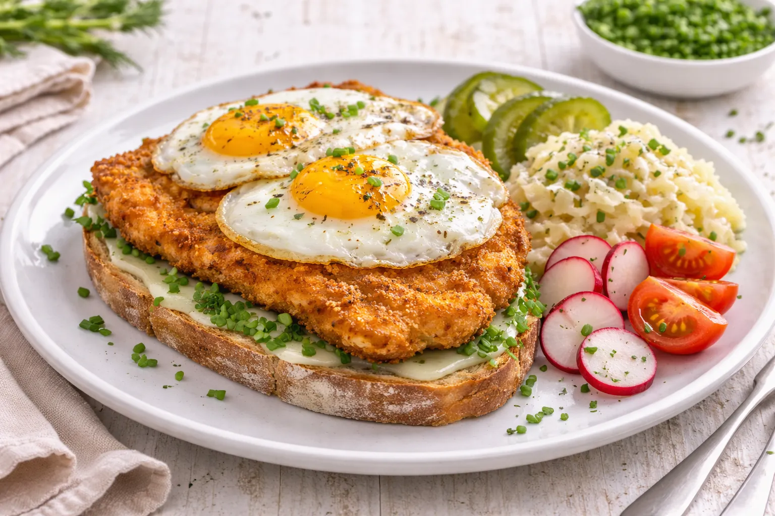 Belegtes Mischbrot mit paniertem Schnitzel und Spiegelei, serviert mit Krautsalat und Gemüse auf weißem Holzhintergrund