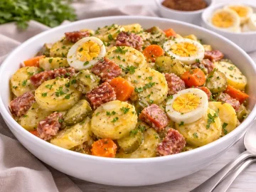 Jenaer Delikateß-Kartoffelsalat mit Kartoffeln, Kochsalami, Ei, Gewürzgurken und Kräutern in weißer Schüssel auf hellem Holztisch.