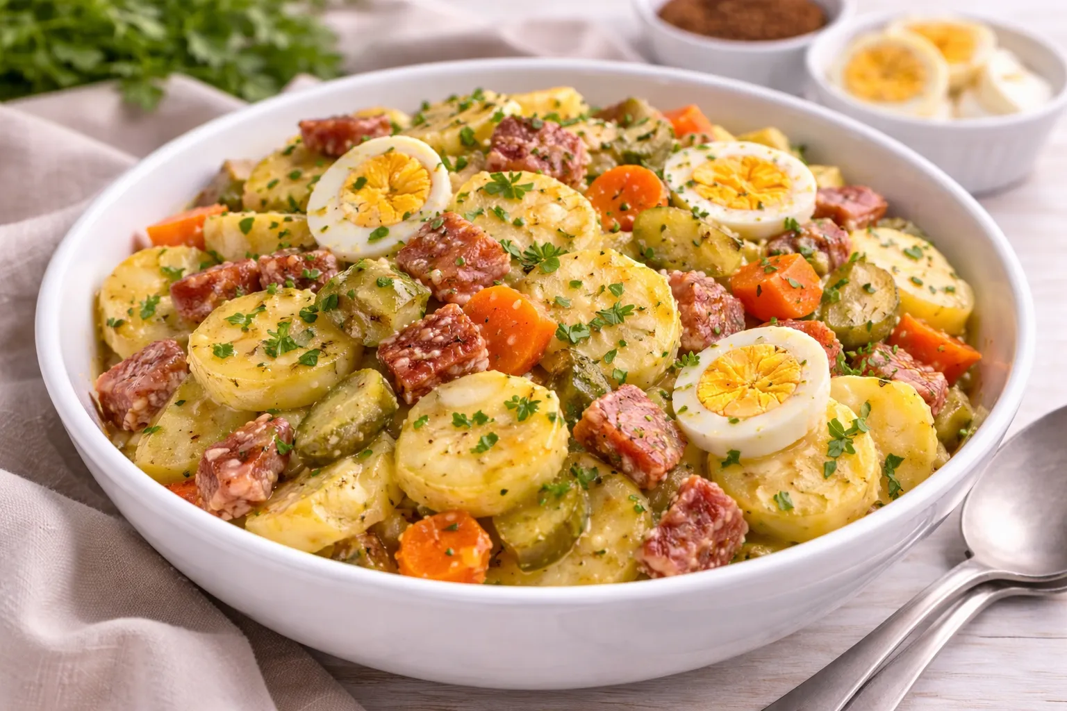 Jenaer Delikateß-Kartoffelsalat mit Kartoffeln, Kochsalami, Ei, Gewürzgurken und Kräutern in weißer Schüssel auf hellem Holztisch.